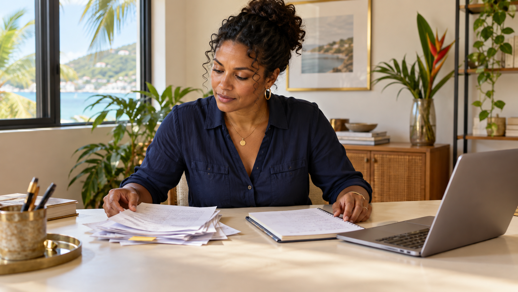 Illustrative Caribbean business owner turning scattered task notes into a clear brief beside a laptop.