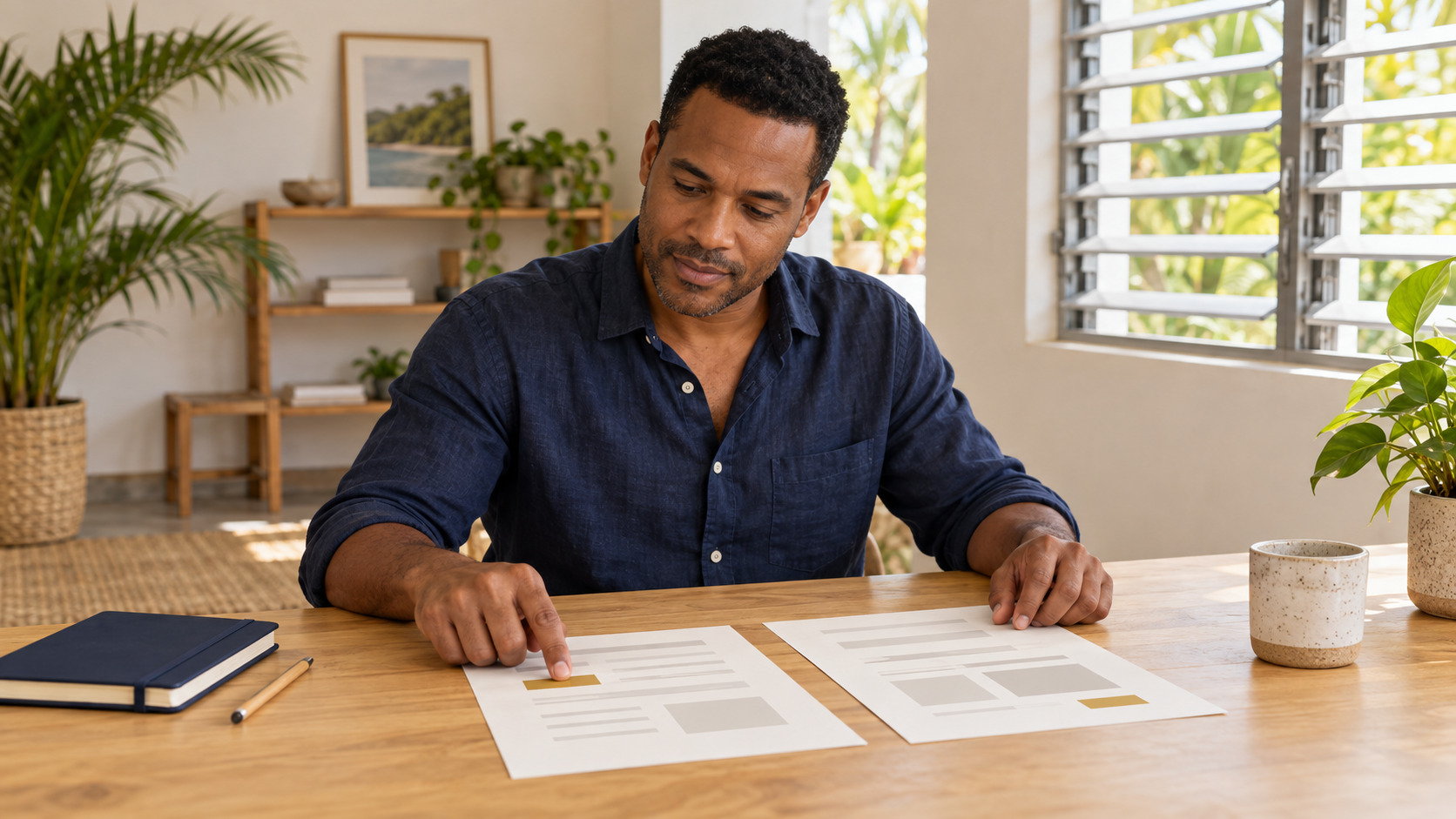 Illustrative Caribbean business owner comparing two printed options at a sunlit workspace.