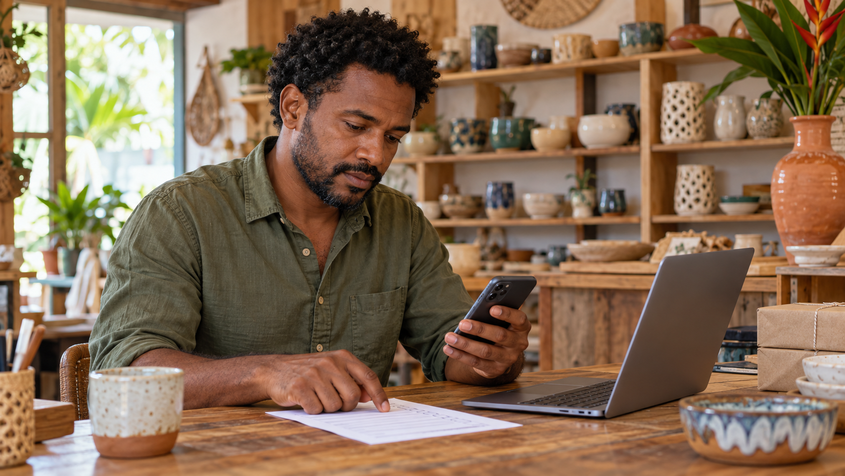 Illustrative shop owner reviewing a customer message on a phone against a paper checklist beside a laptop.