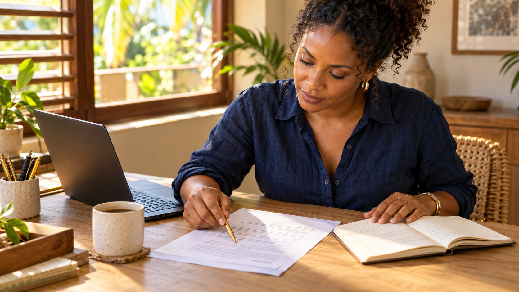 Illustrative business owner reviewing a printed draft beside a notebook and laptop in a sunlit workspace.