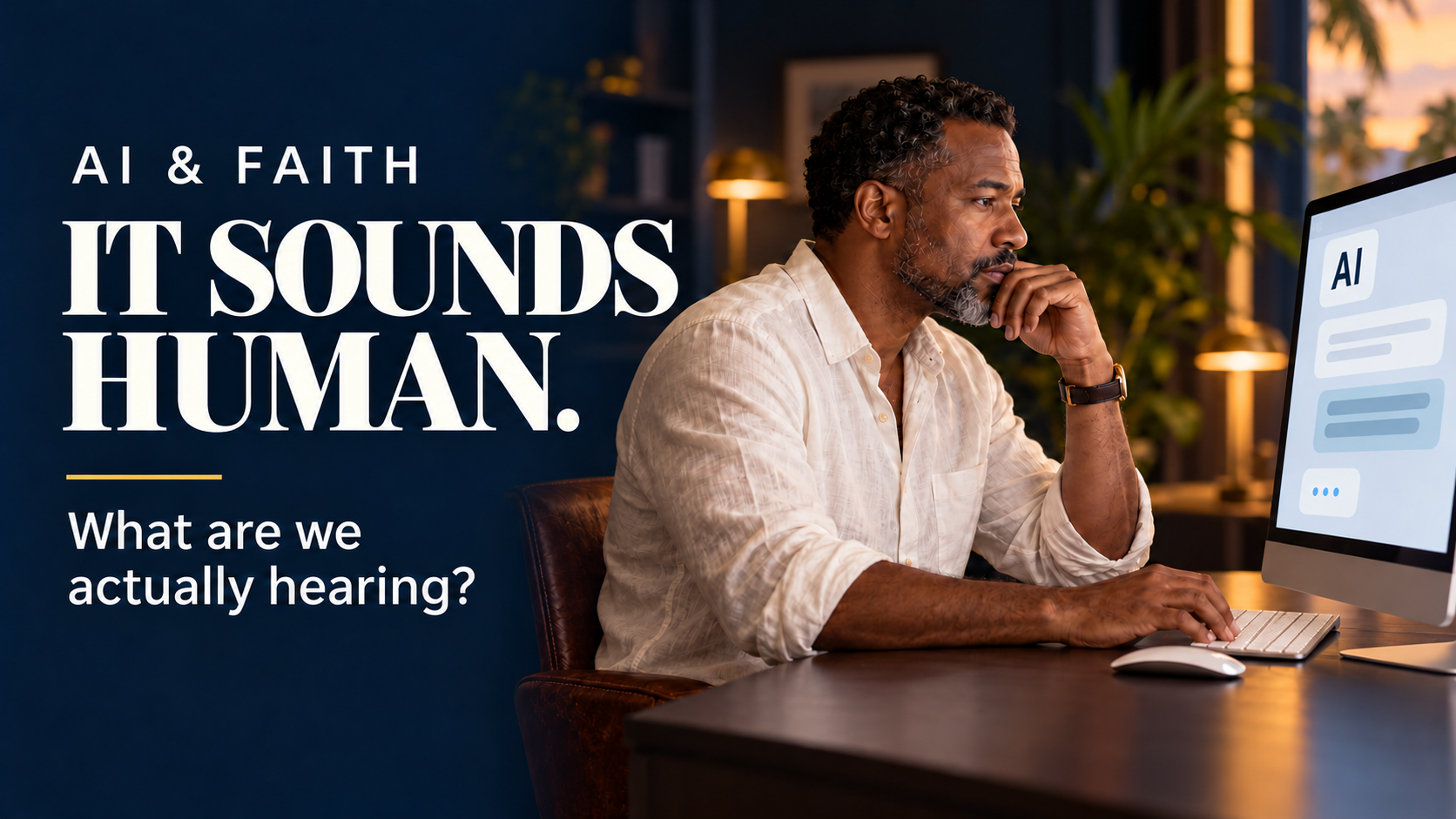 AI & Faith. It sounds human. What are we actually hearing? Illustrative man reflecting on an AI conversation at a computer.