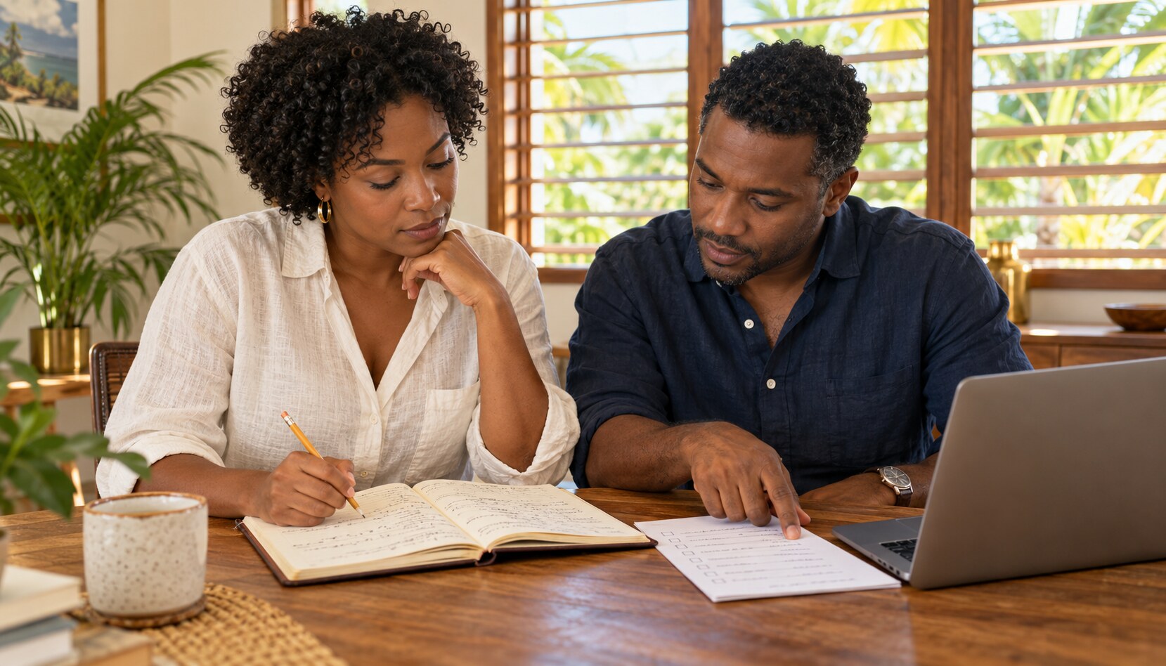Illustrative Caribbean business colleagues checking handwritten meeting notes and a follow-up checklist.