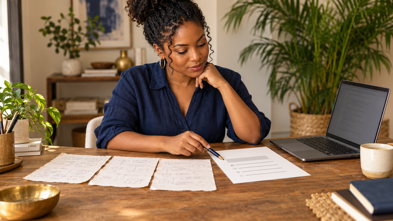 Illustrative business owner reviewing draft offer notes beside a laptop to simplify a service description.