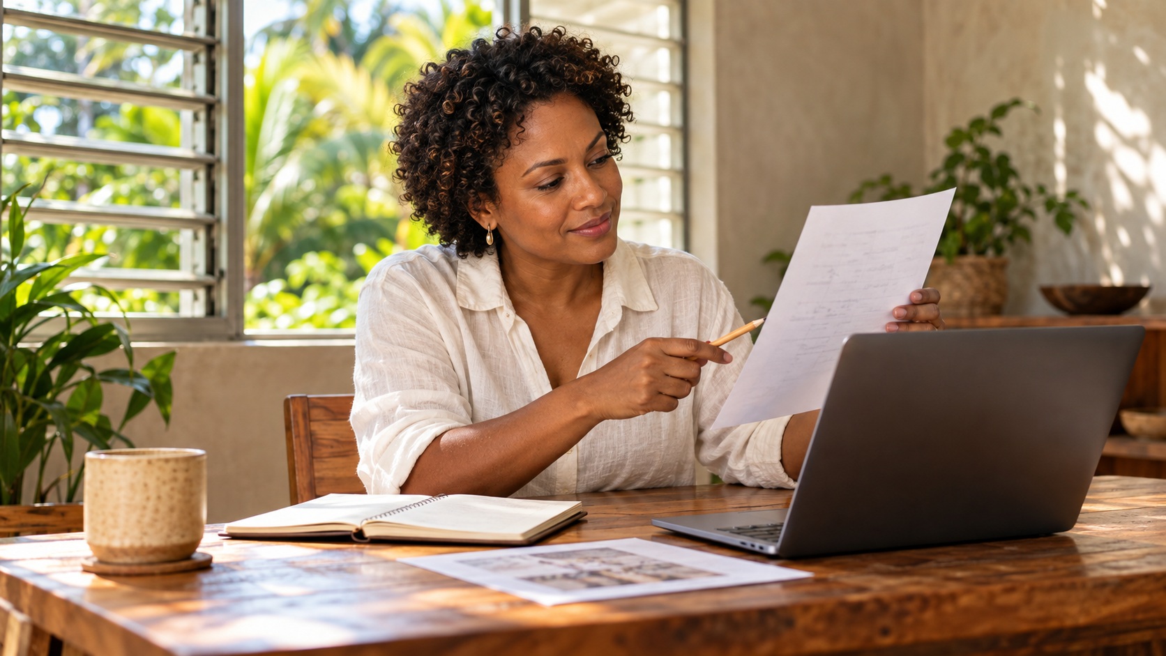 Illustrative Caribbean business owner reviewing a printed work sample beside her laptop in a sunlit workspace.