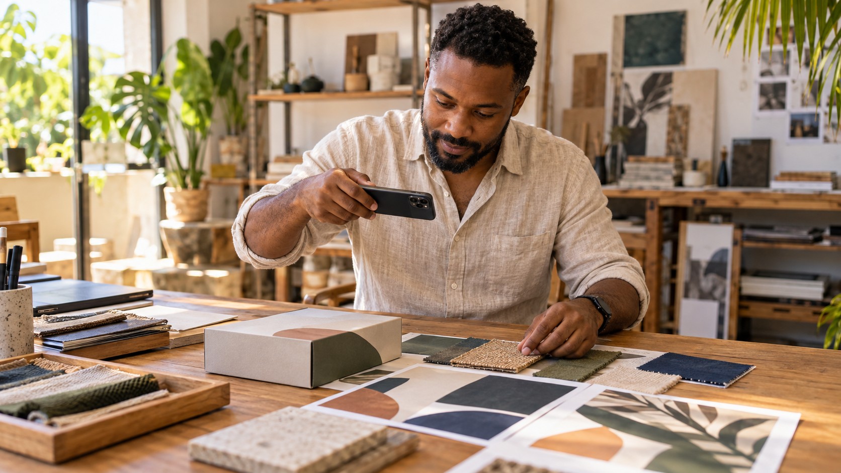 Illustrative business owner documenting a design detail on a phone at a sunlit worktable.